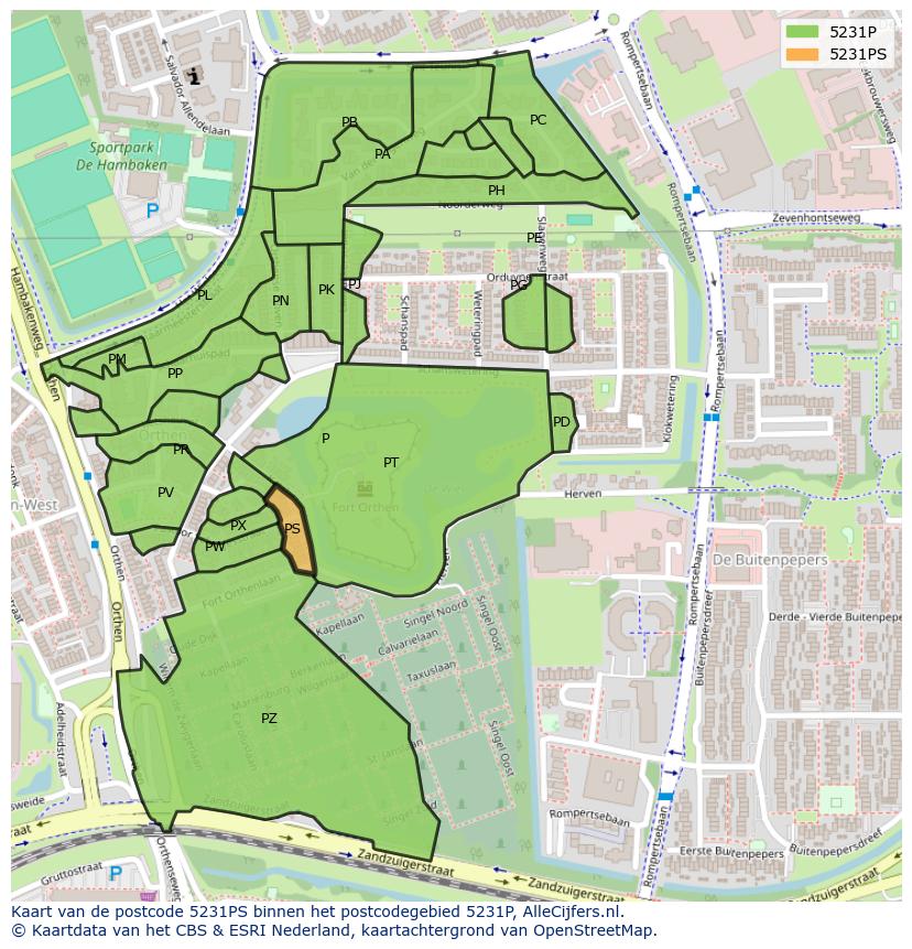 Afbeelding van het postcodegebied 5231 PS op de kaart.