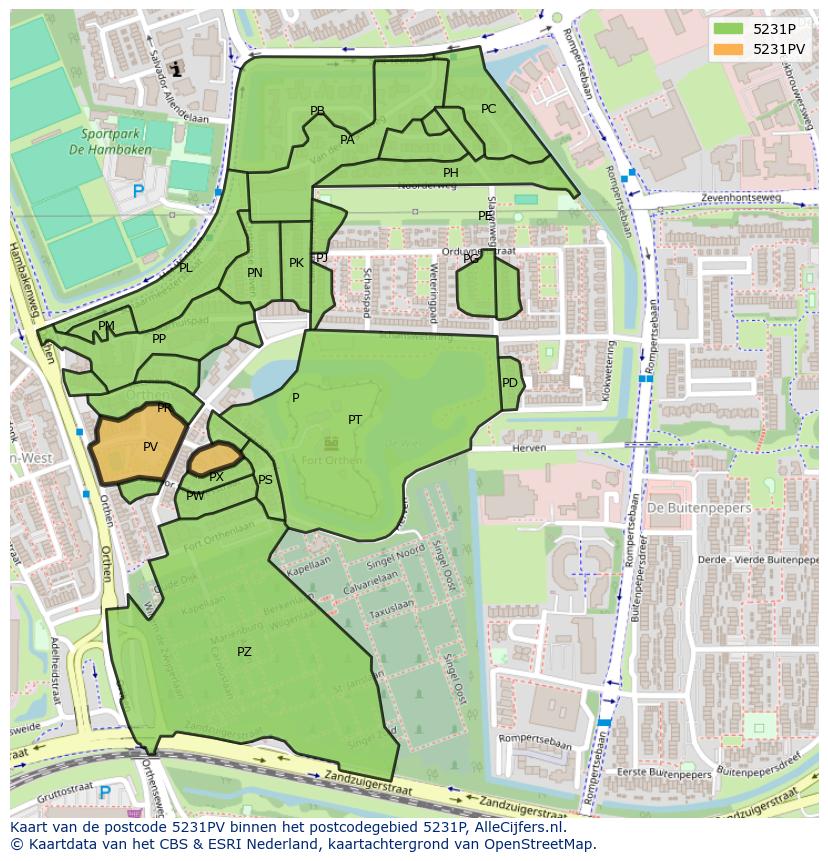 Afbeelding van het postcodegebied 5231 PV op de kaart.