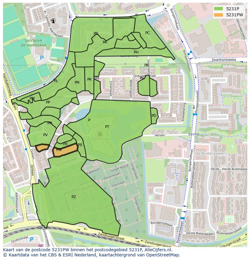 Afbeelding van het postcodegebied 5231 PW op de kaart.