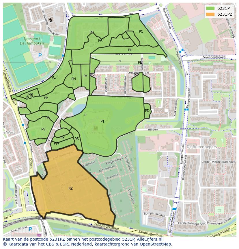 Afbeelding van het postcodegebied 5231 PZ op de kaart.