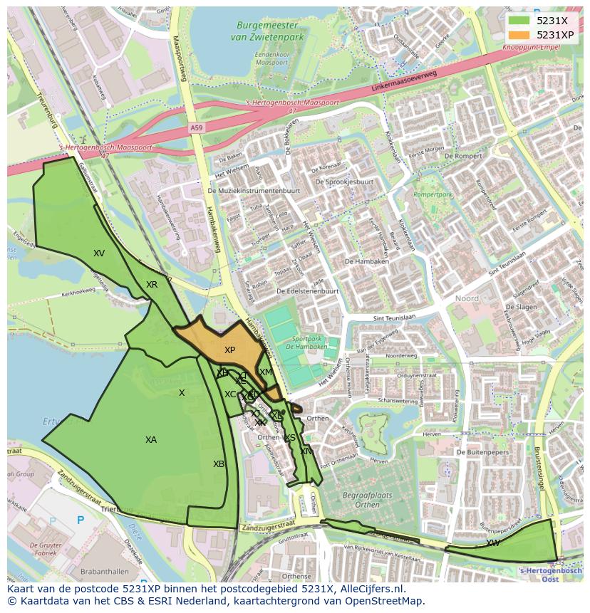 Afbeelding van het postcodegebied 5231 XP op de kaart.