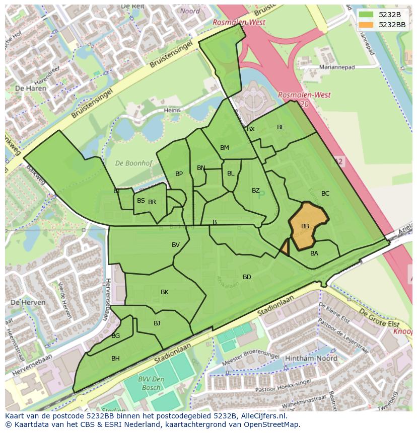 Afbeelding van het postcodegebied 5232 BB op de kaart.