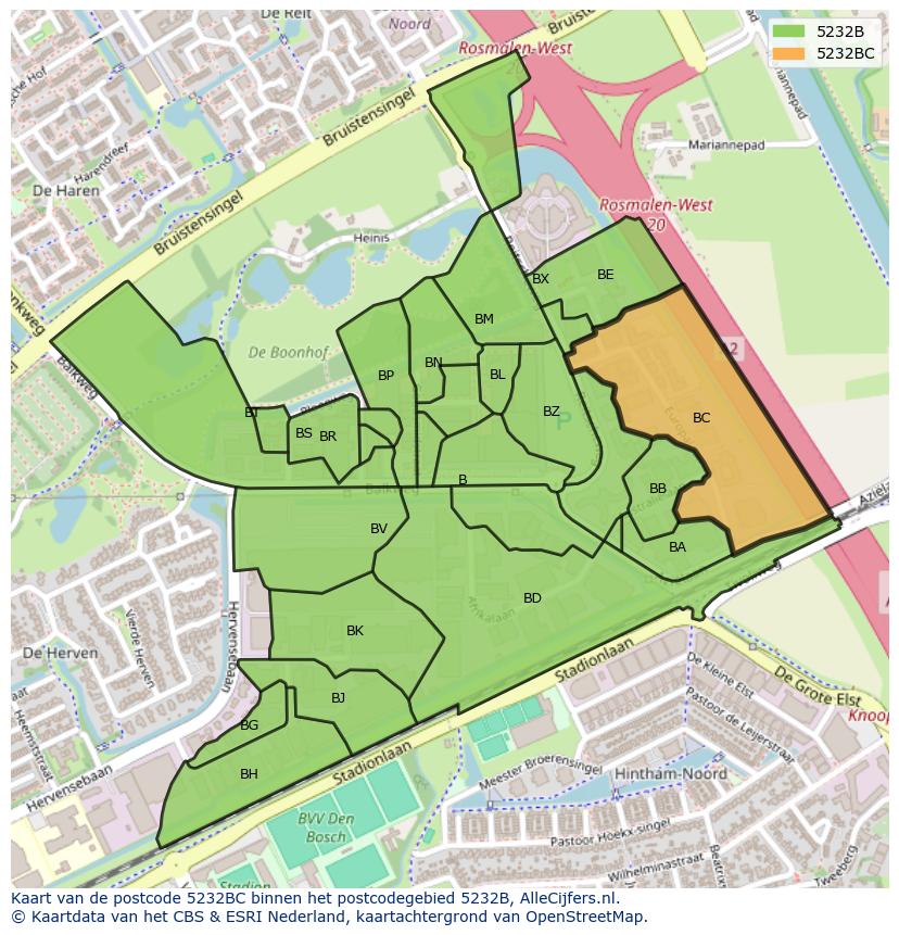 Afbeelding van het postcodegebied 5232 BC op de kaart.