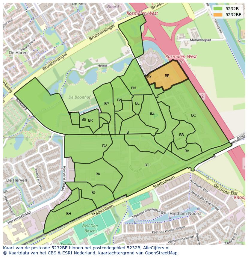 Afbeelding van het postcodegebied 5232 BE op de kaart.