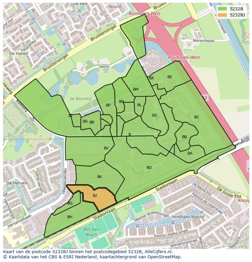 Afbeelding van het postcodegebied 5232 BJ op de kaart.