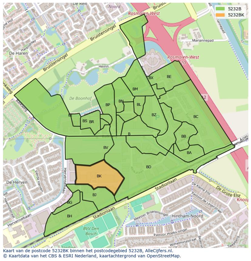Afbeelding van het postcodegebied 5232 BK op de kaart.