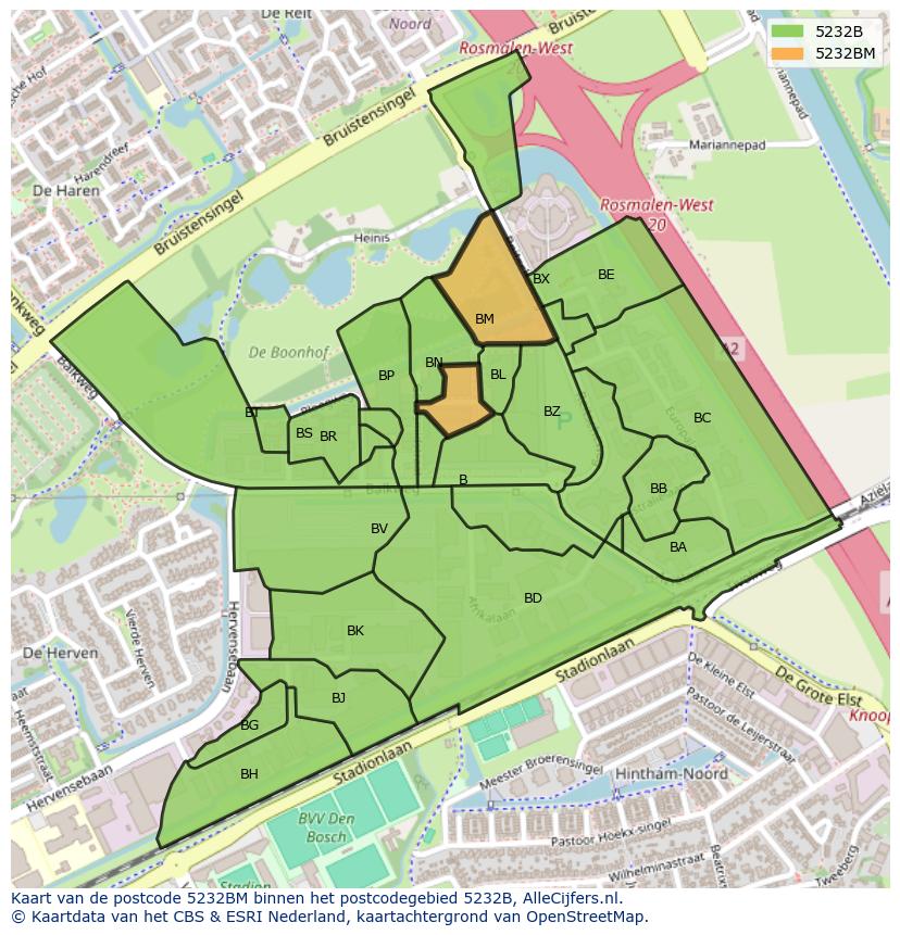 Afbeelding van het postcodegebied 5232 BM op de kaart.