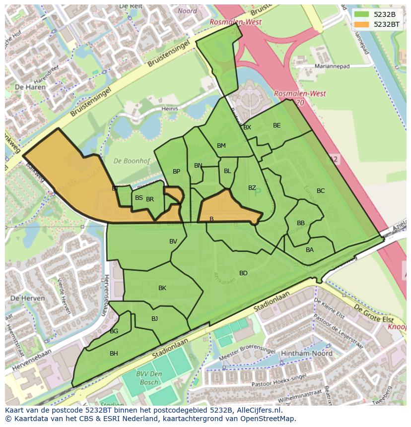 Afbeelding van het postcodegebied 5232 BT op de kaart.