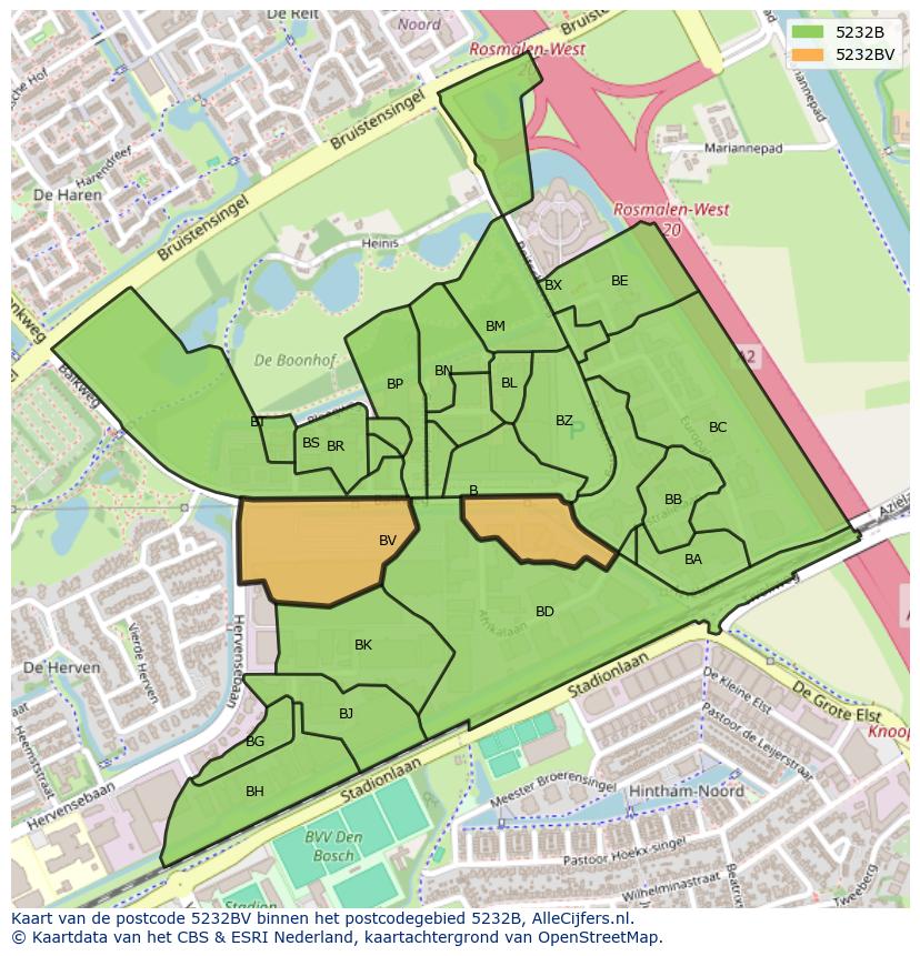 Afbeelding van het postcodegebied 5232 BV op de kaart.