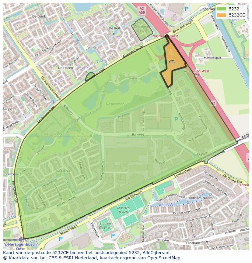 Afbeelding van het postcodegebied 5232 CE op de kaart.