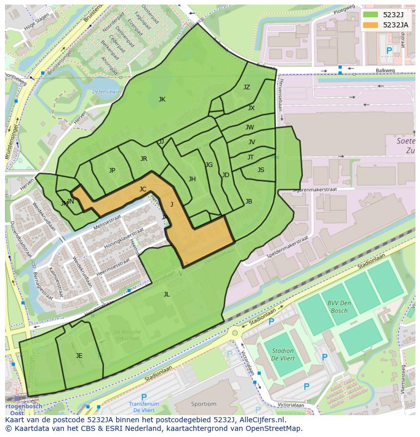 Afbeelding van het postcodegebied 5232 JA op de kaart.