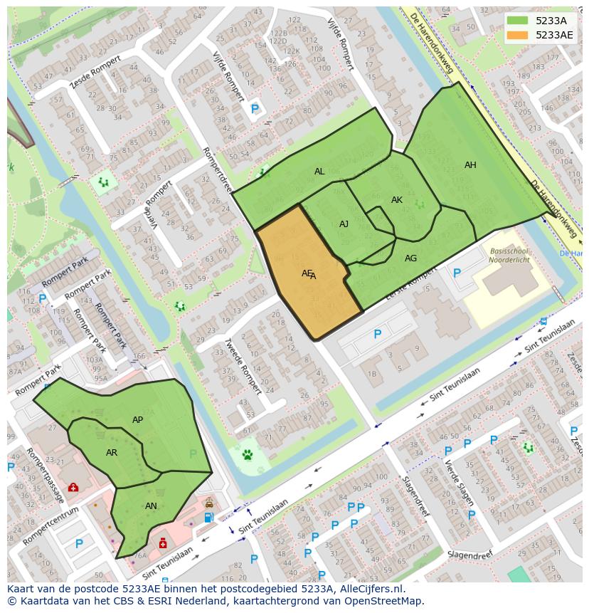 Afbeelding van het postcodegebied 5233 AE op de kaart.