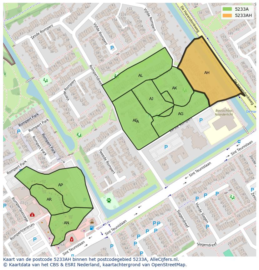 Afbeelding van het postcodegebied 5233 AH op de kaart.