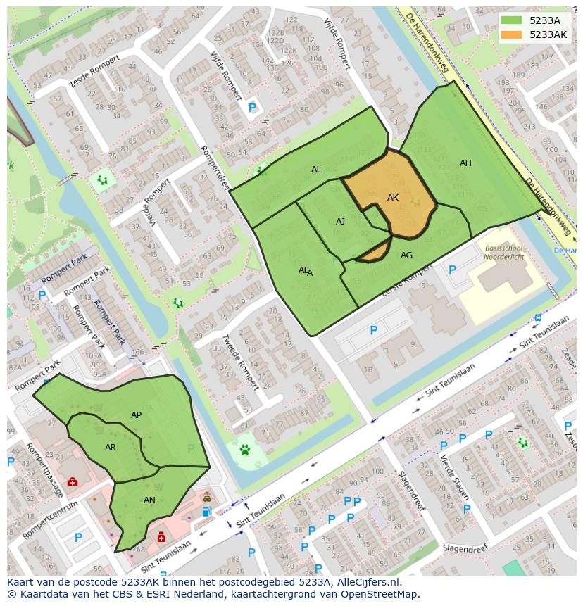 Afbeelding van het postcodegebied 5233 AK op de kaart.