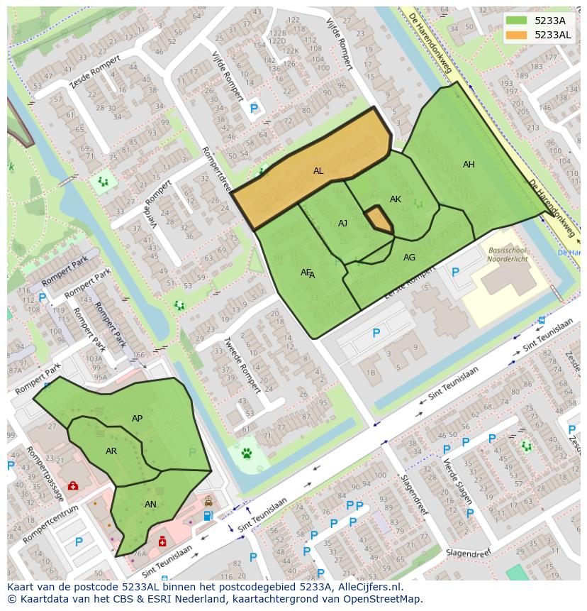 Afbeelding van het postcodegebied 5233 AL op de kaart.