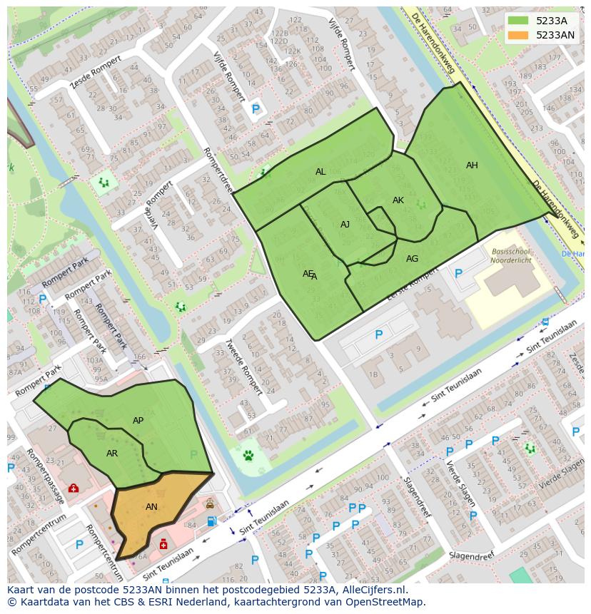 Afbeelding van het postcodegebied 5233 AN op de kaart.