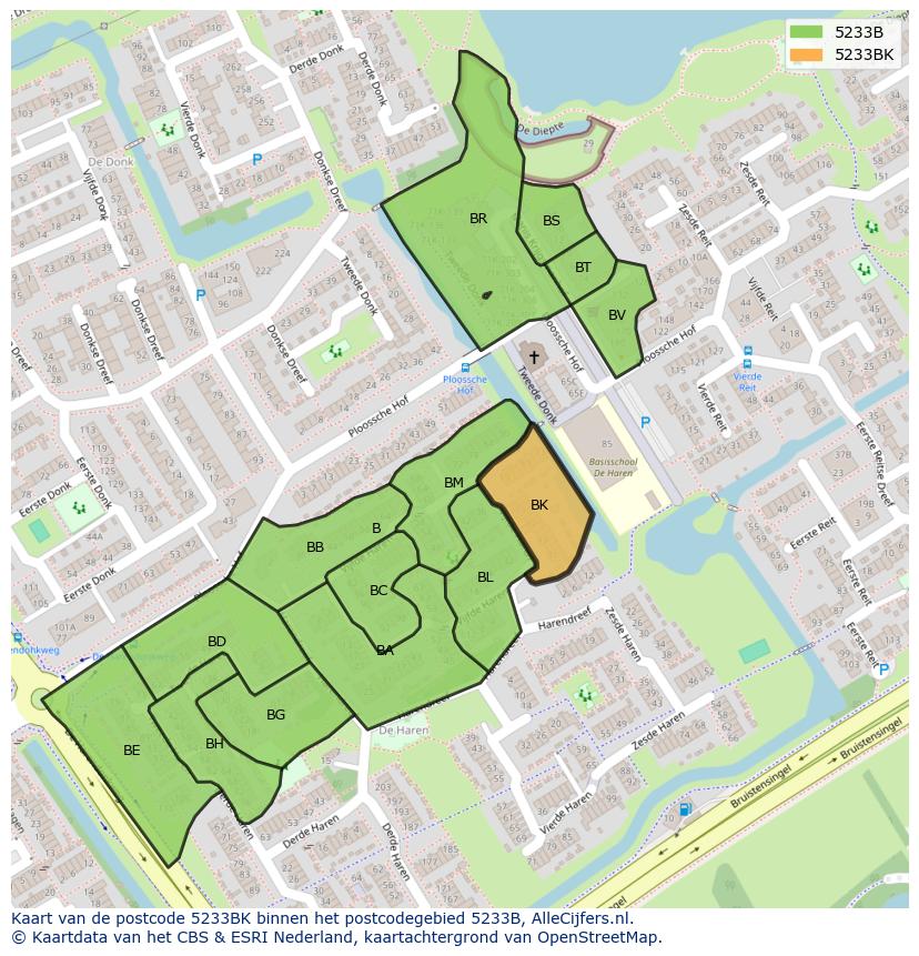 Afbeelding van het postcodegebied 5233 BK op de kaart.
