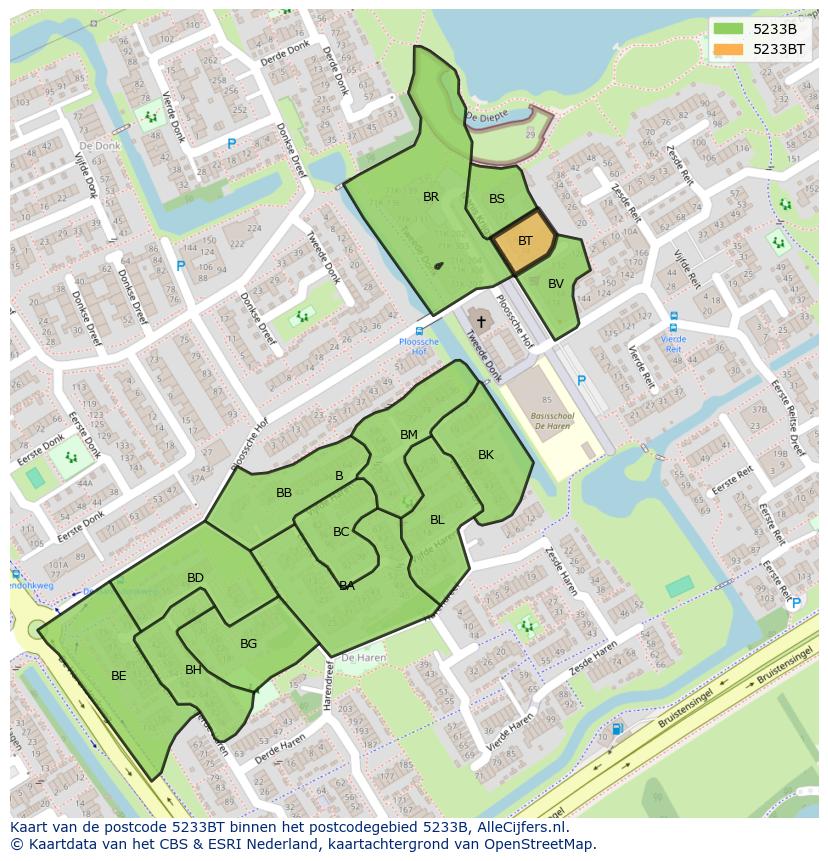 Afbeelding van het postcodegebied 5233 BT op de kaart.