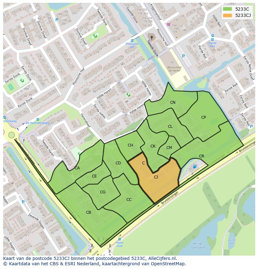 Afbeelding van het postcodegebied 5233 CJ op de kaart.