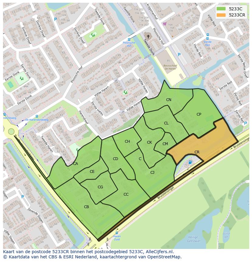 Afbeelding van het postcodegebied 5233 CR op de kaart.