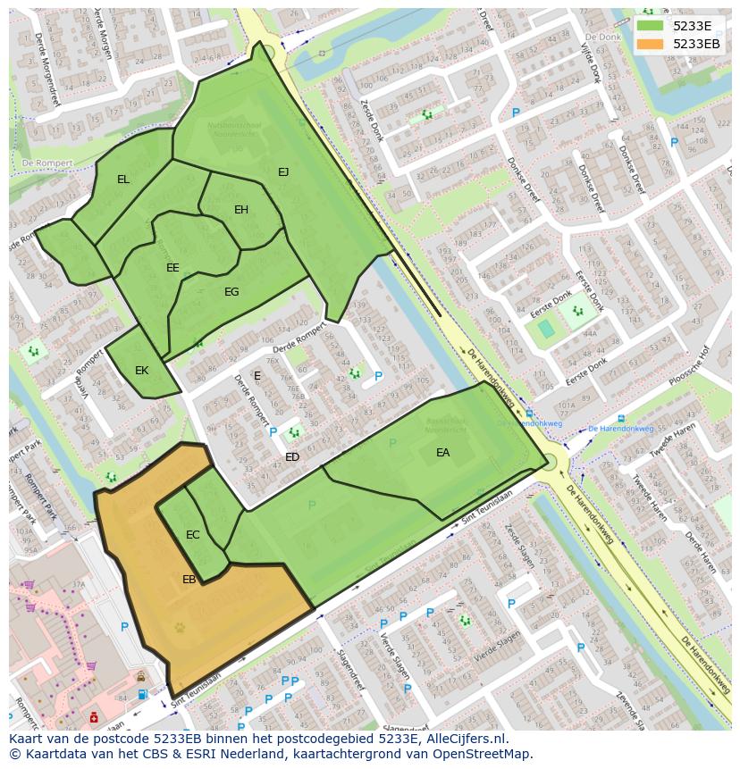 Afbeelding van het postcodegebied 5233 EB op de kaart.