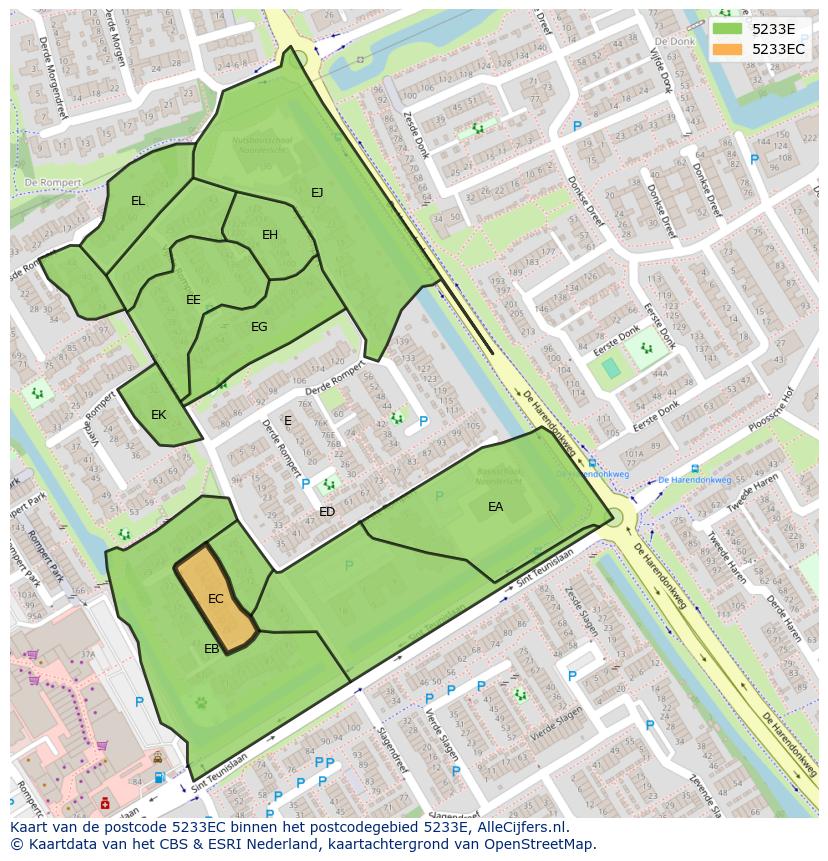 Afbeelding van het postcodegebied 5233 EC op de kaart.