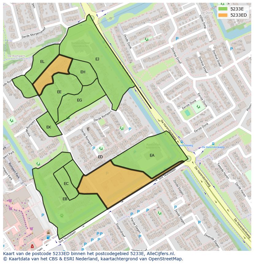 Afbeelding van het postcodegebied 5233 ED op de kaart.