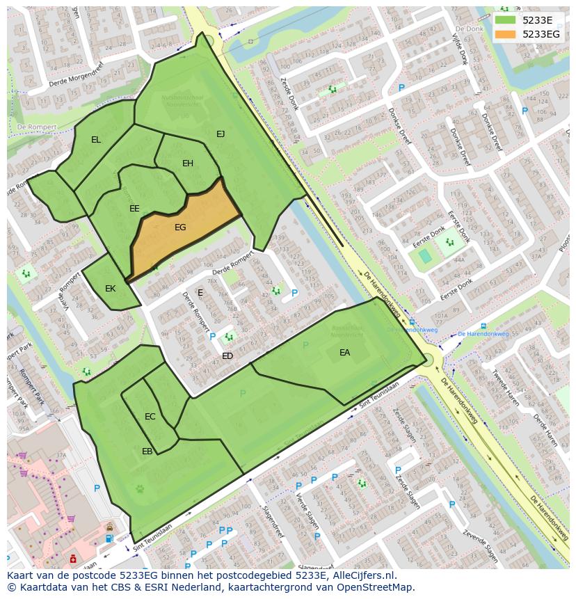 Afbeelding van het postcodegebied 5233 EG op de kaart.