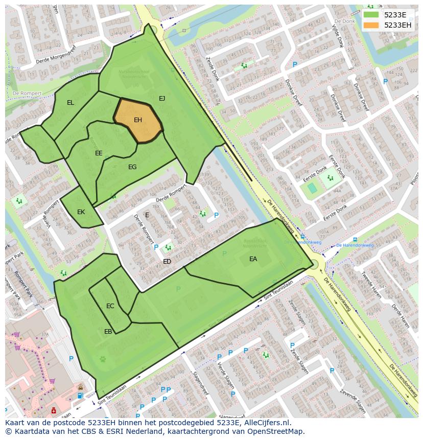 Afbeelding van het postcodegebied 5233 EH op de kaart.