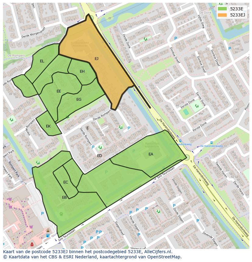 Afbeelding van het postcodegebied 5233 EJ op de kaart.
