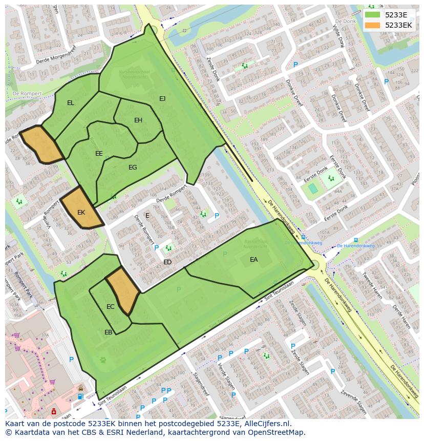 Afbeelding van het postcodegebied 5233 EK op de kaart.