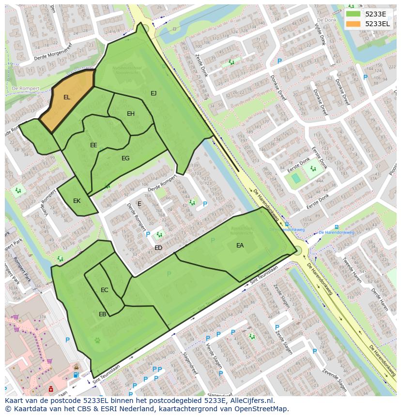 Afbeelding van het postcodegebied 5233 EL op de kaart.