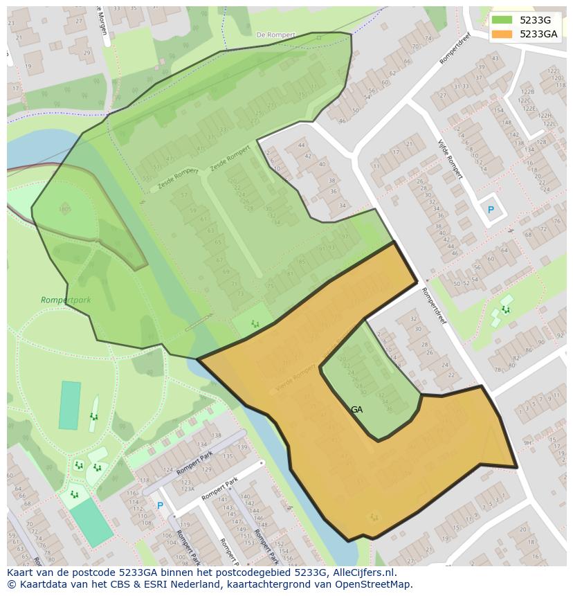Afbeelding van het postcodegebied 5233 GA op de kaart.
