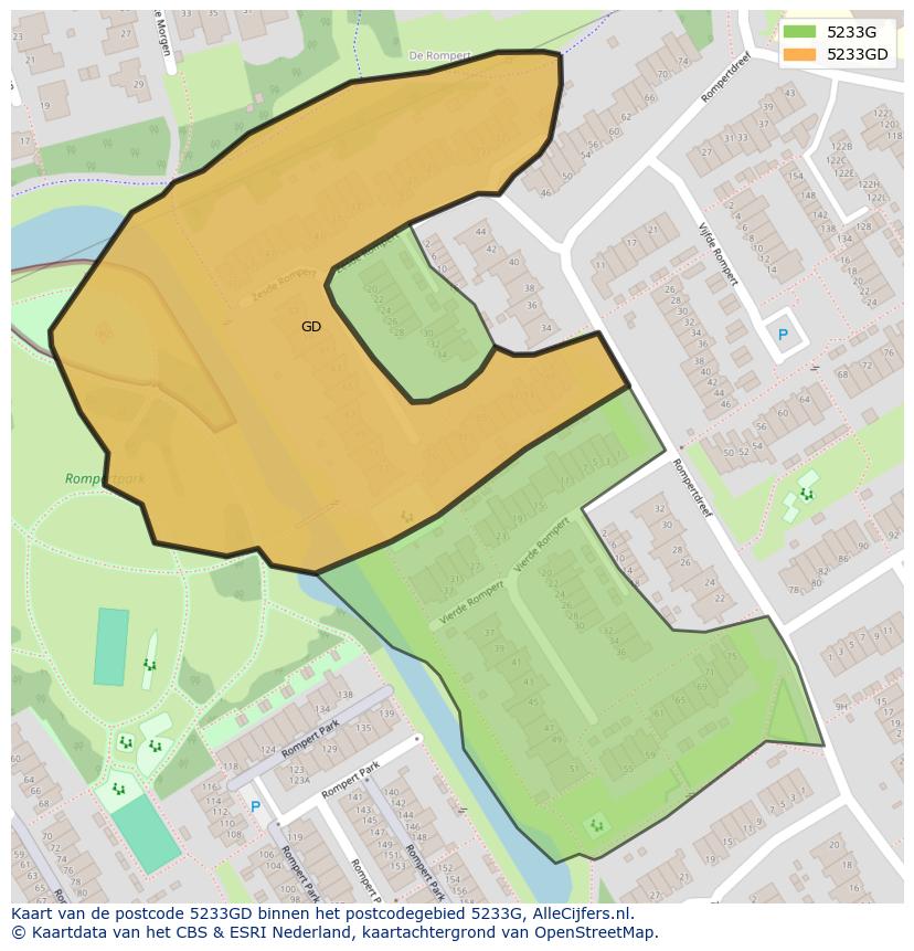 Afbeelding van het postcodegebied 5233 GD op de kaart.