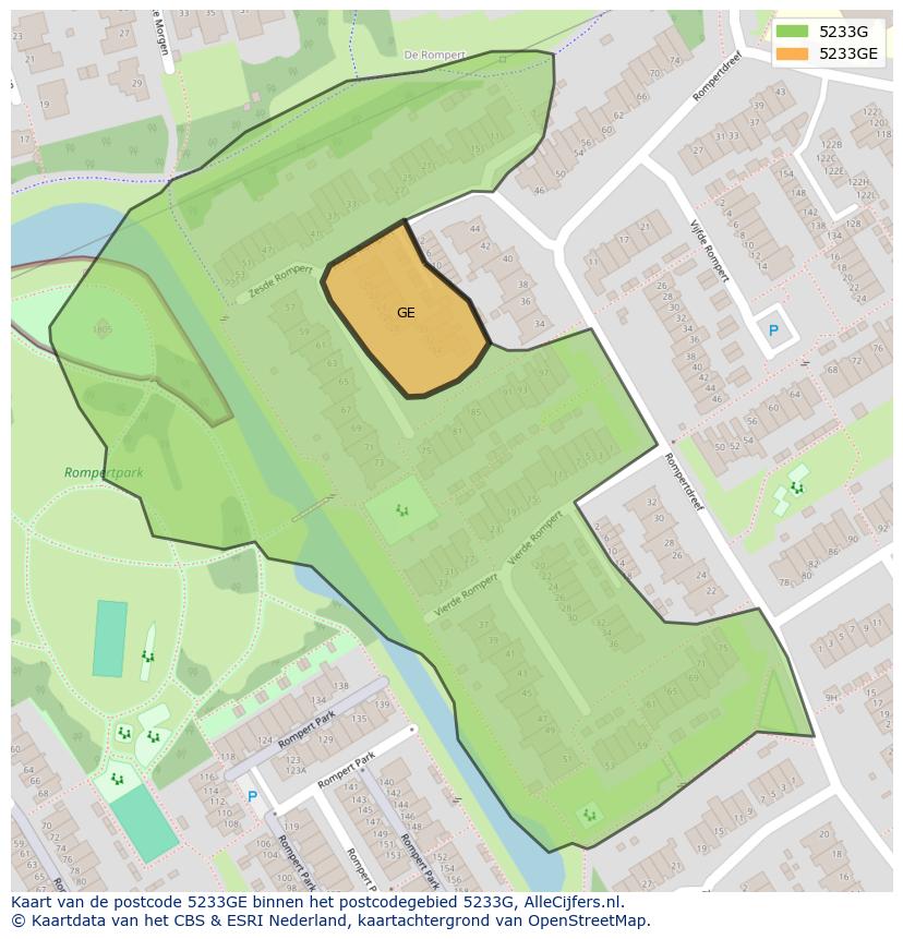 Afbeelding van het postcodegebied 5233 GE op de kaart.