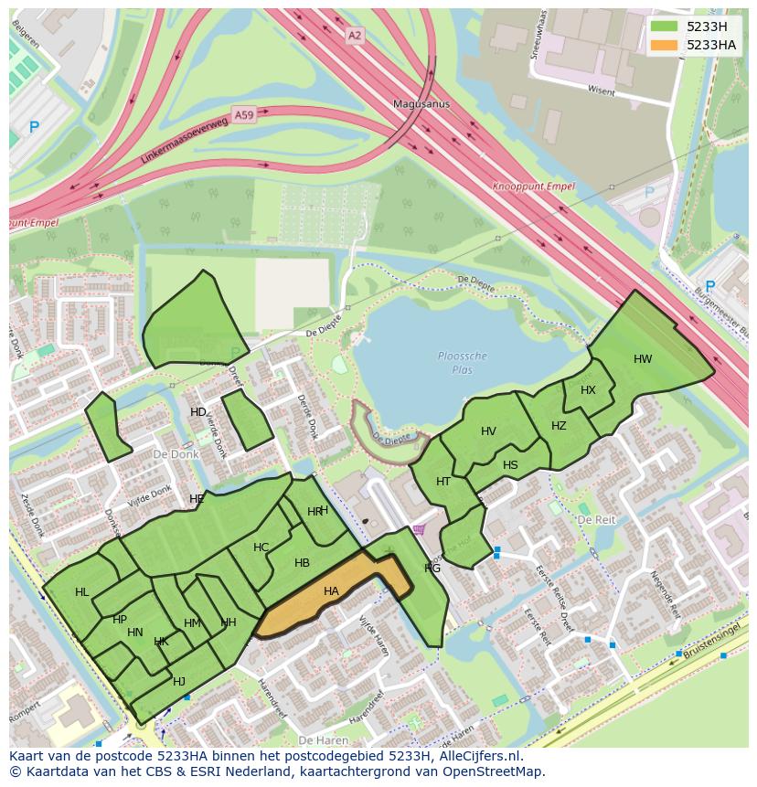 Afbeelding van het postcodegebied 5233 HA op de kaart.