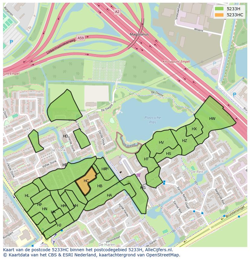 Afbeelding van het postcodegebied 5233 HC op de kaart.