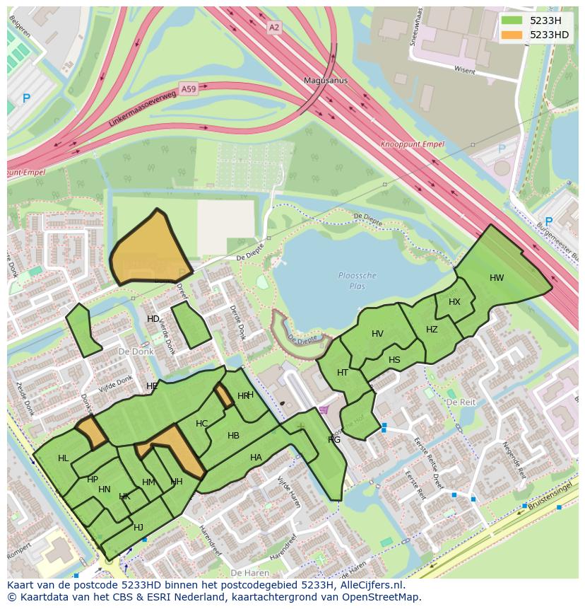 Afbeelding van het postcodegebied 5233 HD op de kaart.