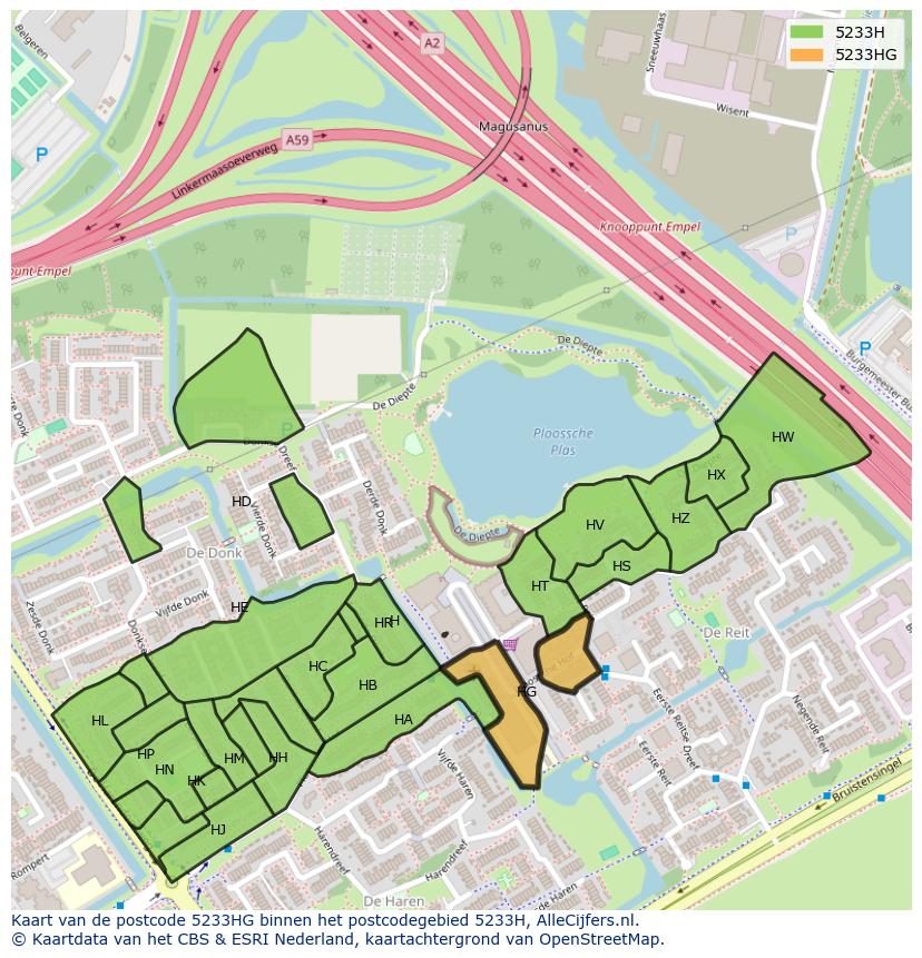 Afbeelding van het postcodegebied 5233 HG op de kaart.
