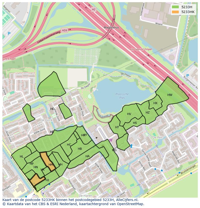 Afbeelding van het postcodegebied 5233 HK op de kaart.