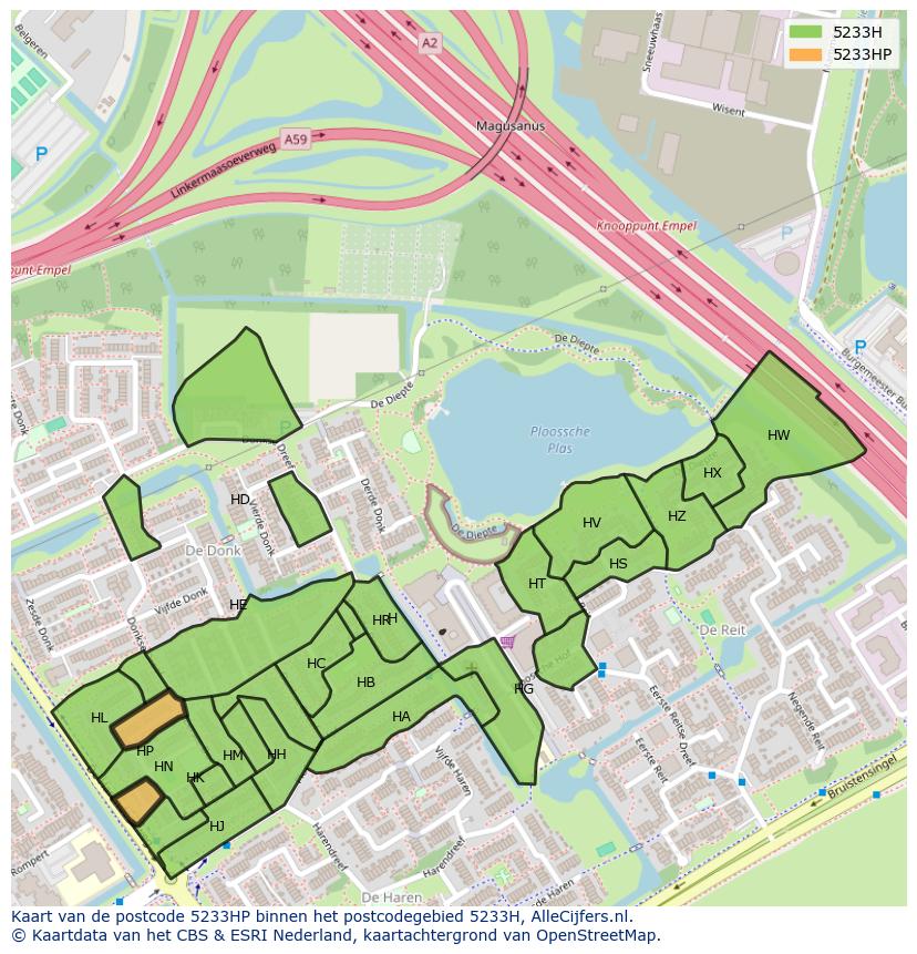 Afbeelding van het postcodegebied 5233 HP op de kaart.