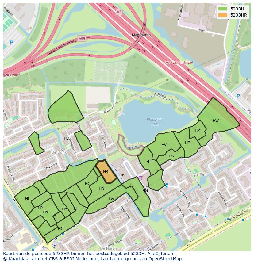 Afbeelding van het postcodegebied 5233 HR op de kaart.
