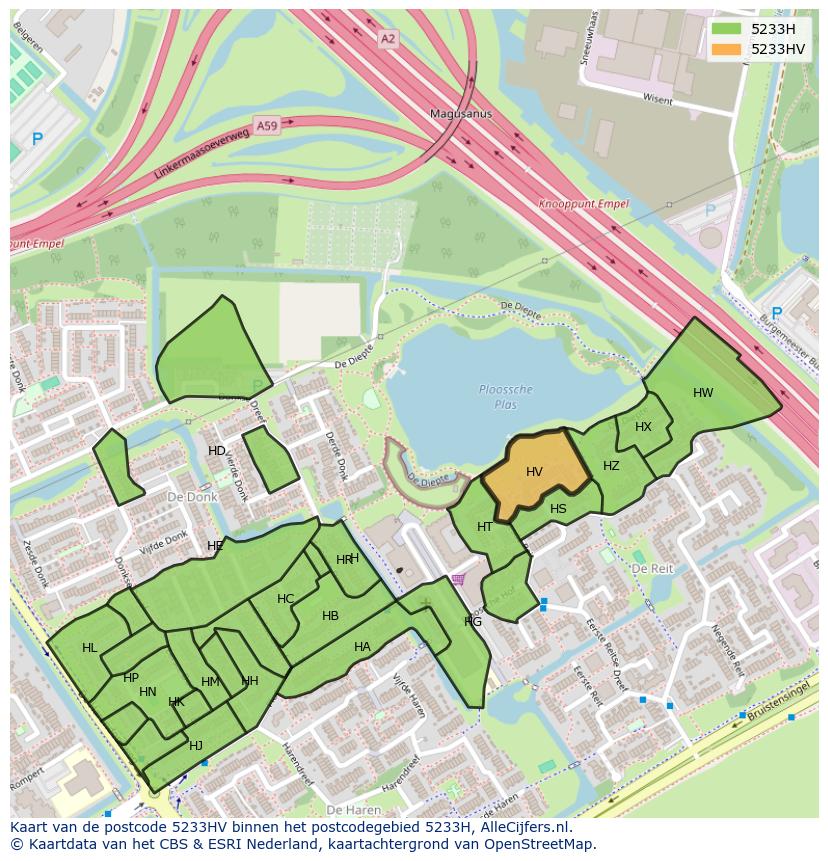 Afbeelding van het postcodegebied 5233 HV op de kaart.