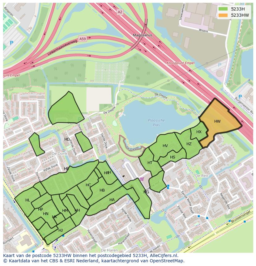 Afbeelding van het postcodegebied 5233 HW op de kaart.