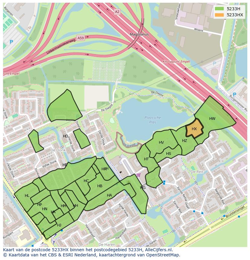 Afbeelding van het postcodegebied 5233 HX op de kaart.