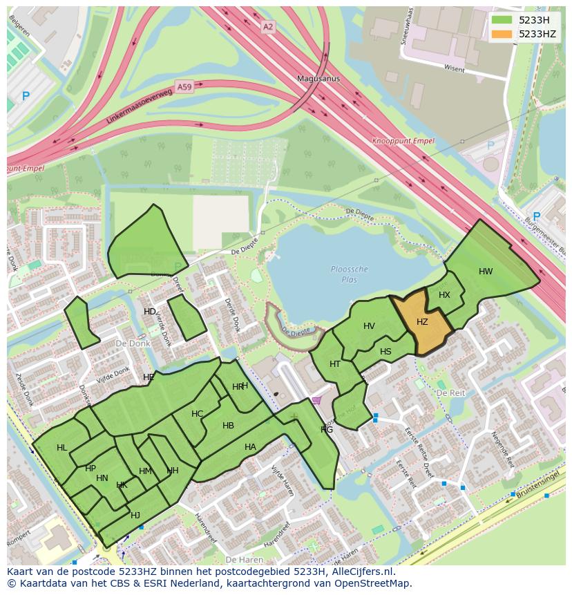 Afbeelding van het postcodegebied 5233 HZ op de kaart.
