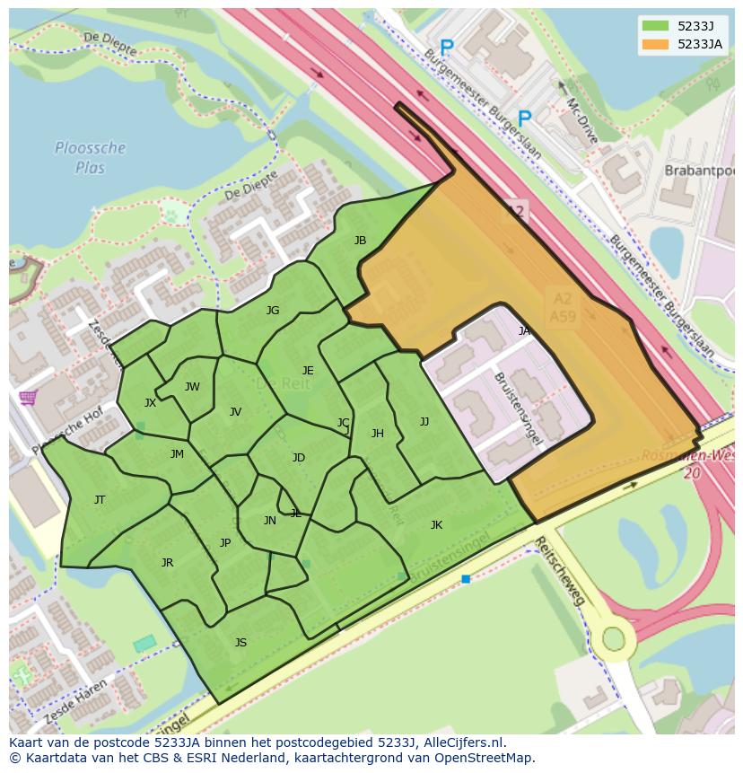 Afbeelding van het postcodegebied 5233 JA op de kaart.