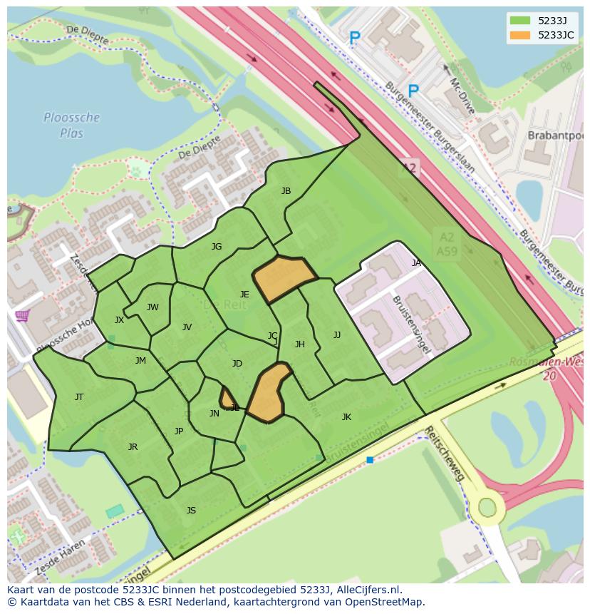 Afbeelding van het postcodegebied 5233 JC op de kaart.