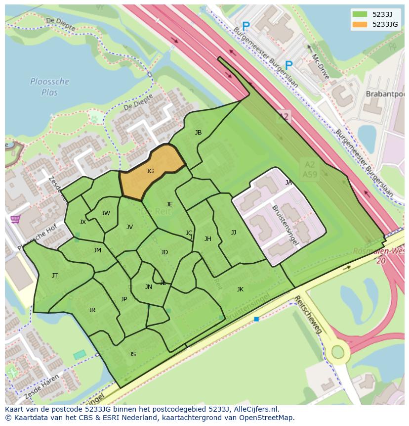 Afbeelding van het postcodegebied 5233 JG op de kaart.