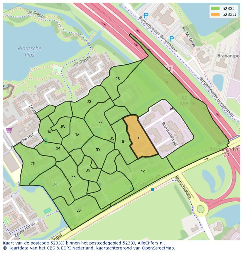 Afbeelding van het postcodegebied 5233 JJ op de kaart.
